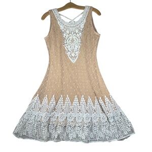 Ryu Womens Tan Knit Lace Overlay Dress Beaded Strappy Back Boho Cottage Fairy M